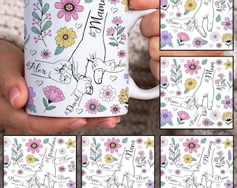 Personalizado hasta 6 niños sosteniendo la envoltura de la taza de la mano de mamá, plantilla de taza de mamá de 11 oz, taza floral de mamá de 11 oz png, tazas de café del día de las madres png