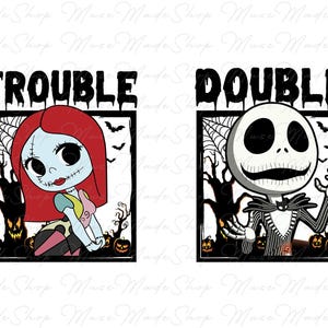 Puede incluir: Dos imágenes enmarcadas en negro con fondos blancos. La imagen de la izquierda presenta un personaje de dibujos animados con cabello rojo y una cara cosida. La imagen de la derecha presenta un personaje de dibujos animados con una cara cosida y un traje a rayas blanco y negro. El texto "TROUBLE" está sobre la imagen de la izquierda y el texto "DOUBLE" está sobre la imagen de la derecha.