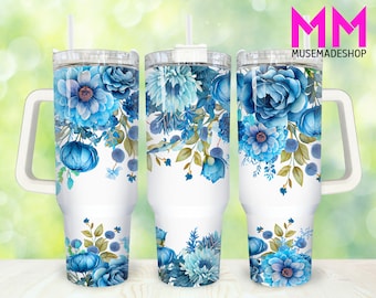 Blue Floral 40oz Tumbler Png, Floral Tumbler 40oz Png, Blue Flowers 40oz Tumbler Wrap, 40oz Quencher Tumbler Wrap, Sublimation Design