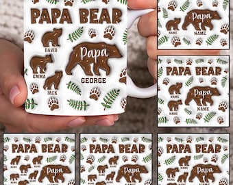 Envoltura de taza inflada 3D personalizada para papá, plantilla de taza de papá oso personalizada para hasta 6 niños de 11 oz, taza de papá oso de 11 oz png, tazas de café del día del padre png