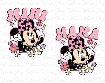 May include: Two images of a cartoon mouse with pink polka dot bows and black polka dot dresses. The mouse on the left has the word "MINI" in pink letters above her. The mouse on the right has the word "MAMA" in pink letters above her. Both images have pink and yellow flowers around them.