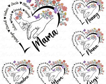 Benutzerdefiniertes Blumen-Mama-Herz mit Kindername Png, Oma-Shirt mit Enkelname, Muttertagsgeschenk Png, Muttertag Png, Kundenspezifisches Mama-Shirt Png