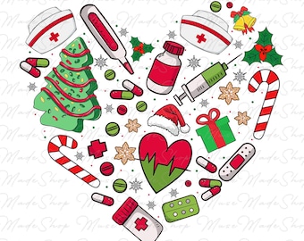 May include: A heart-shaped illustration with a Christmas and medical theme. It features a Christmas tree, candy canes, a Santa hat, a heart with a heartbeat line, a thermometer, pills, a syringe, a bottle of medicine, a bandage, and a nurse's hat.