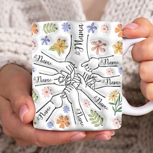 Personalizado 7 niños sosteniendo la mano de mamá envoltura de taza inflada 3D, plantilla de taza de mamá de 11 oz, taza floral de mamá de 11 oz png, tazas de café del día de las madres png