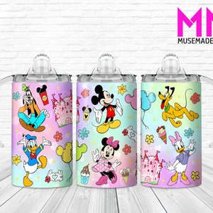 May include: Three colorful stainless steel tumblers with lids and handles. Each tumbler features a different Disney character: Mickey Mouse, Minnie Mouse, and Goofy. The background is a pastel rainbow with stars, hearts, and flowers.