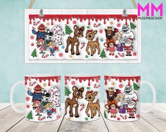 Emballage de tasse gonflé 3D avec personnage de Noël, modèle de tasse joyeux Noël 11 oz et 15 oz, tasse 11 oz png, tasse 15 oz png, tasses à café png, presse à tasses