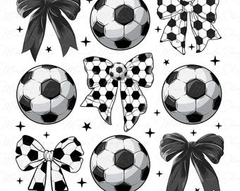 May include: A set of eight digital clipart images featuring black and white footballs and bows. Some bows are black, some are black and white checkered, and some are black and white football patterned.