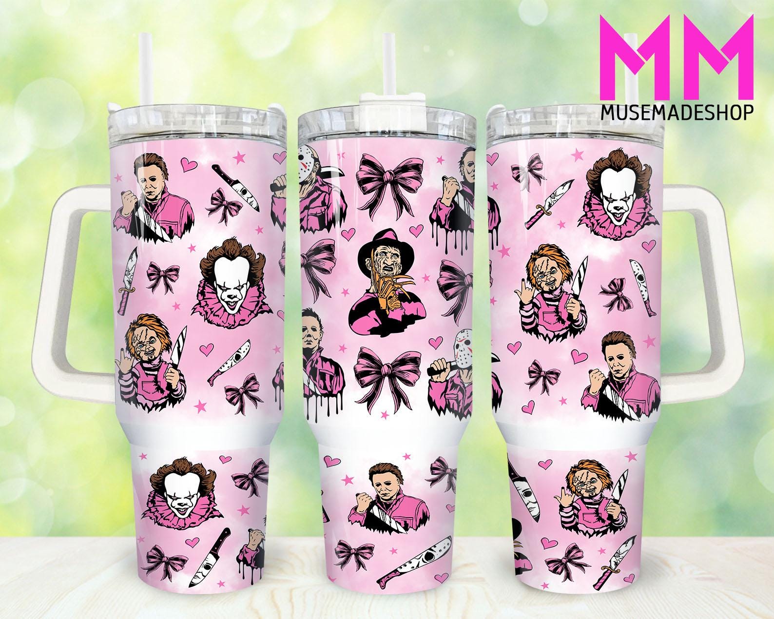 Horror Movies 40oz Tumbler Png, Halloween Tumbler 40oz Png, Halloween Horror 40oz Tumbler Wrap, Pink Horror Characters 40oz Quencher Tumbler