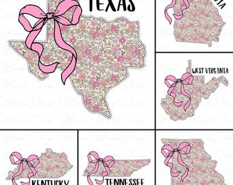Bundle Floral Coquette States Png, Floral State Png, Floral Texas Png, Girly State Png, Texas Coquette Bow, Trendy Texas Png, Preppy Texas