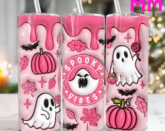 Pink Spooky Vibes 3D Inflated 20 oz Skinny Tumbler Png, 3D Halloween Ghost 20oz Tumbler Png, Halloween Straight and Taper Tumbler Wrap