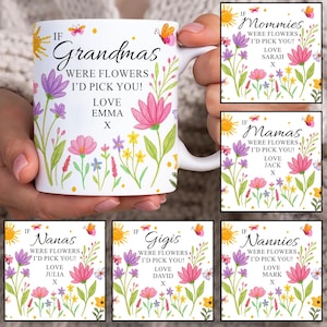 Op de afbeelding: Witte keramische mok met een bloemenpatroon en de tekst "Als oma's bloemen waren, zou ik je plukken! Liefs, Emma X".