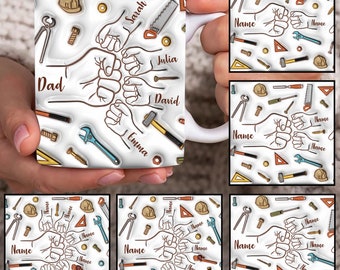 Envoltura de taza inflada 3D de papá, plantilla de taza personalizada de 11 oz con golpe de puño de papá, taza de 11 oz de papá png, tazas de café del día del padre png, taza personalizada con nombres de niños