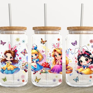 Easter Princess 16oz Glass Can Wrap, Cartoon Easter 16 oz Glass Can Png, 16 oz Libbey Glass Can Wrap, 16 oz Tumbler Wrap Png Sublimation