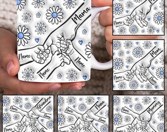Custom Up to 6 Kids Holding Mom‘s Hand 3D Inflated Mug Wrap, Mama 11oz Mug Template, Mom Floral 11oz Mug Png, Mothers Day Coffee Mugs Png