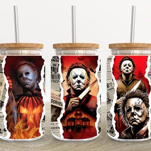 Horror Characters 16oz Glass Can Wrap, Halloween 16 oz Glass Can Png, 16 oz Libbey Glass Can Wrap, 16 oz Tumbler Wrap Png,Sublimation Design