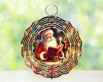 May include: A red and white Santa Claus wind spinner with a swirling design. Santa is holding a book and looking at it. The wind spinner has a silver ring at the top for hanging.