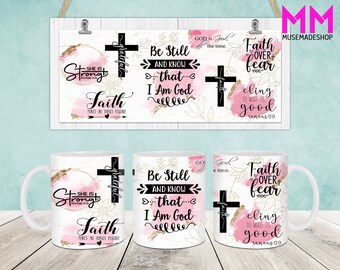 Involucro per tazza Faith, modello di tazza con versetto della Bibbia da 11 once e 15 once, Png per tazza da 11 once, Png per tazza da 15 once, Png per tazze da caffè, Involucro per sublimazione per stampa tazza