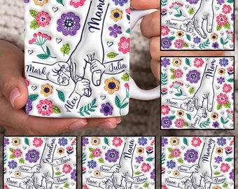 Anpassad 3D-uppblåst mugg för upp till 6 barn som håller mammas hand, mall för mammas 30 cl mugg, blommig 30 cl mugg för mamma, kaffemuggar för mors dag, png