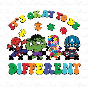 Peut inclure: Graphique "C'est bien d'être différent" avec un fond de puzzle en forme de pièces de puzzle arc-en-ciel. Le graphique présente un thème de super-héros avec Spiderman, Hulk et Captain America.