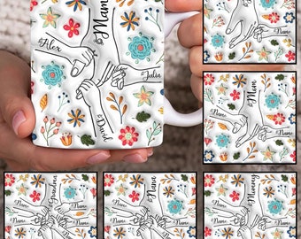 Custom Up to 6 Kids Holding Mom‘s Hand 3D Inflated Mug Wrap, Mama 11oz Mug Template, Mom Floral 11oz Mug Png, Mothers Day Coffee Mugs Png