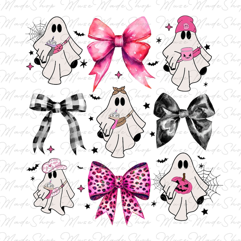 Op de afbeelding: Een set van negen digitale clipart-afbeeldingen met schattige spoken en strikken in verschillende kleuren en patronen. De spoken houden verschillende items vast, zoals een pompoen, een koffiebeker en een snoeptrommel. De strikken zijn roze, zwart-wit geruit en roze met luipaardprint.