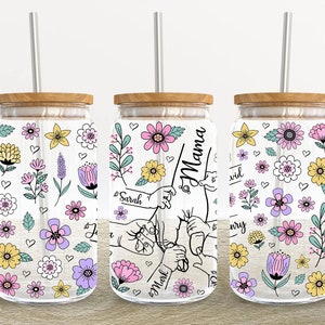 Custom Up to 6 Kids Holding Mom‘s Hand 16oz Glass Can Wrap, Mom 16 oz Glass Can Png, 16 oz Libbey Glass Can Wrap, 16 oz Tumbler Wrap Png
