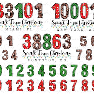 Puede incluir: Un conjunto de clipart digital que presenta los números del 0 al 9 en tres estilos diferentes: rojo con lunares blancos, verde con cuadros blancos y marrón con estampado de leopardo. Los números están rodeados de un tema navideño festivo con luces y el texto "Small Town Christmas" con la ciudad y el estado debajo.