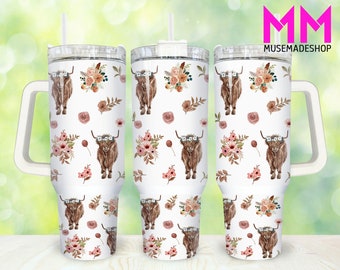 Boho Floral Highland Cow 40oz Tumbler Png, Highland Cow Tumbler 40oz Png, Cow Floral 40oz Tumbler Wrap, Cow 40oz Quencher Tumbler