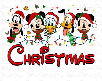 May include: A Christmas-themed illustration featuring Mickey Mouse, Minnie Mouse, Donald Duck, Goofy, and Pluto wearing Santa hats and scarves. The characters are lined up in front of a string of Christmas lights with the word "CHRISTMAS" in red letters below them.