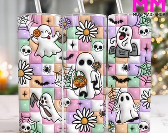 Retro Halloween 3D Inflated 20 oz Skinny Tumbler Png, 3D Halloween Ghost 20oz Tumbler Png, Cute Ghost Straight and Taper Tumbler Wrap