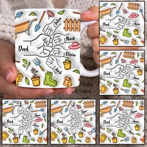 May include: White ceramic mug featuring a gardening theme with illustrations of tools, plants, and a family fist bump design. The mug includes the names "Dad", "Julia", "Mark", "Olivia", and "Jack". The design is repeated on the mug.