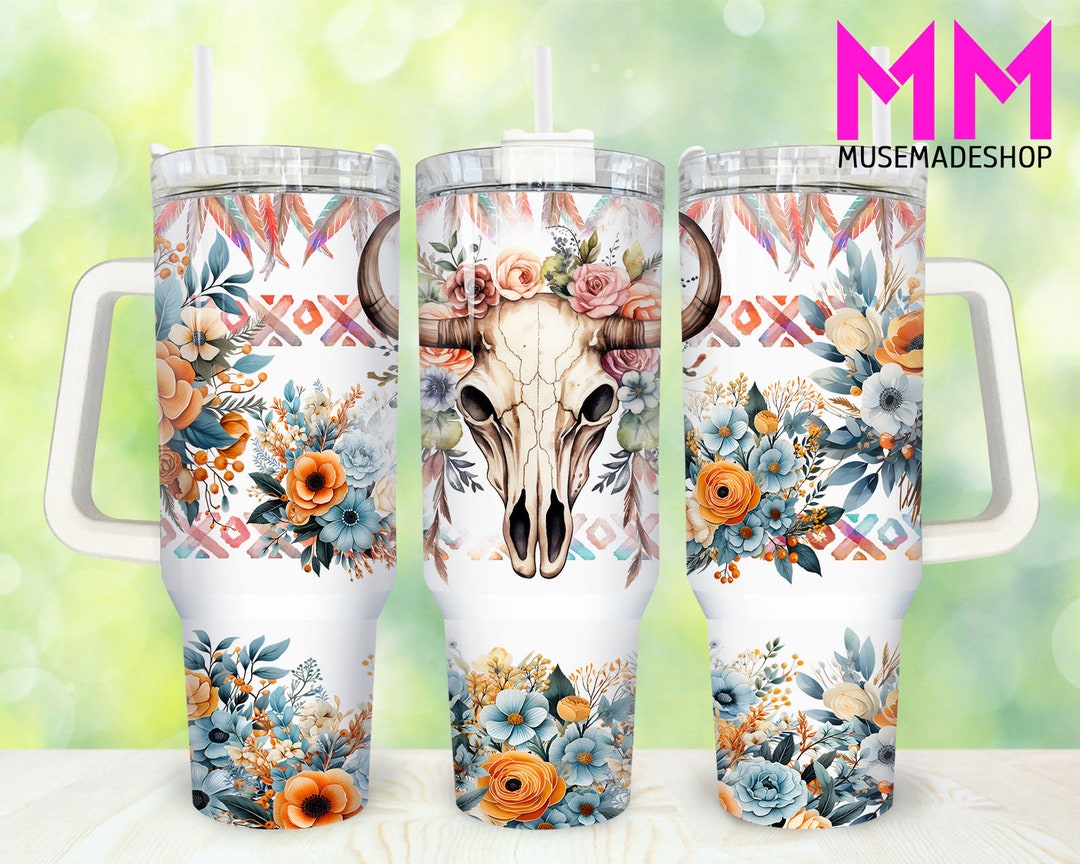 Boho Floral Bull Skull 40oz Tumbler Png, Western Bull Skull Tumbler ...
