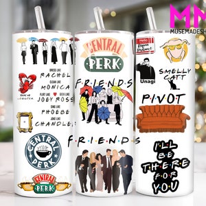 May include: Three white tumblers with Friends themed designs. The first tumbler features the Central Perk logo, the second tumbler features the Friends logo and the characters, and the third tumbler features the quote "I'll be there for you".