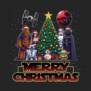 May include: A festive illustration featuring Star Wars characters in Santa hats around a decorated Christmas tree. Characters include Chewbacca, R2-D2, Darth Vader, and Baby Yoda. The words "Merry Christmas" are displayed in a gold outline.