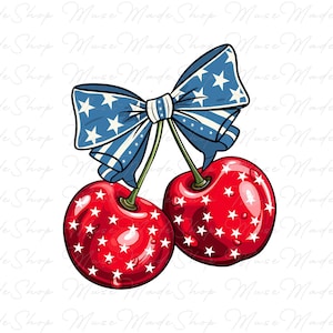 May include: Two red cherries with white stars on them, topped with a blue and white bow with white stars. The bow is reminiscent of the American flag.