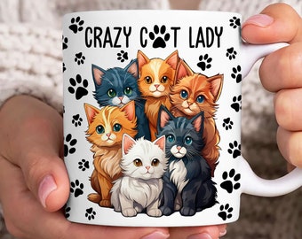 Involucro tazza Crazy Cat Lady, modello tazza mamma gatto da 11 once e 15 once, amante dei gatti tazza da 11 once Png, tazza da 15 once Png, tazze da caffè Png, stampa tazza involucro per sublimazione