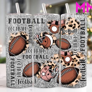 Football 20 oz Skinny Tumbler Png, American Football 20oz Tumbler Png, Football Season 20oz Tumbler Wrap, Leopard Glitter Football Tumbler