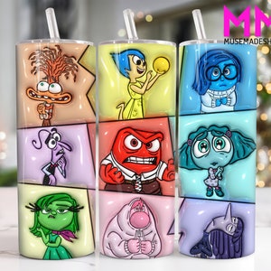Cartoon Characters 3D Inflated 20 oz Skinny Tumbler Png, Cartoon Emotions 20oz Tumbler Png, Cartoon 20oz Tumbler Wrap, Mental Health Tumbler