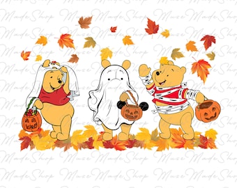 May include: Three Winnie the Pooh characters dressed in Halloween costumes. Pooh is dressed as a mummy, Piglet is dressed as a ghost, and Tigger is dressed as a vampire. They are all holding trick-or-treat bags and standing on a background of autumn leaves.
