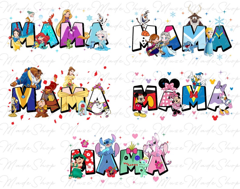 May include: A digital design featuring various cartoon characters from Disney movies, including Mickey Mouse, Minnie Mouse, Belle, and Stitch. The characters are arranged in a colorful design with the word "MAMA" spelled out in large letters.