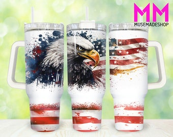 May include: Three stainless steel tumblers with a white background and a design of an American bald eagle with red, white, and blue watercolor splatters and an American flag. The tumblers have a white handle and a clear lid.