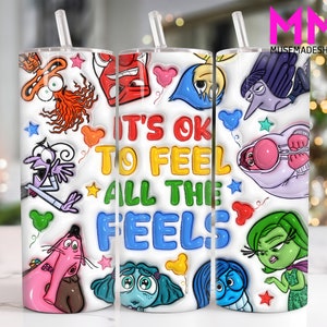Postacie z kreskówek 3D nadmuchane 20 oz chudy kubek Png, Emocje z kreskówek 20oz kubek Png, Cartoon 20oz Tumbler Wrap, Mental Health Tumbler