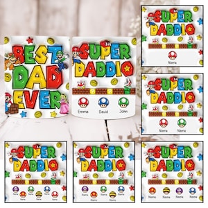 Benutzerdefinierte Super Daddio 3D aufgeblasene Becherverpackung, Super Dad 3D-Hauch 11 Unzen Bechervorlage, Papa 11 Unzen Becher Png, Vatertagskaffeetassen Png, Cartoon Dad Becher