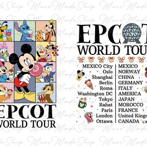 May include: A colorful illustration of Mickey Mouse and other Disney characters enjoying snacks and treats. The image features the text "EPCOT WORLD TOUR" and a list of countries and cities, including Mexico City, Oslo, Shanghai, Berlin, Roma, Washington DC, Tokyo, Rahat, Paris, London, and Ottawa.