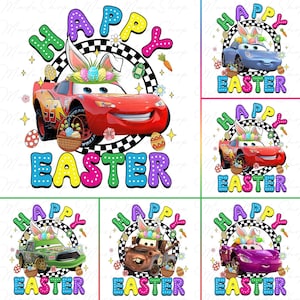May include: Six digital designs featuring cartoon cars with bunny ears and the text "Happy Easter". The cars are red, blue, green, brown, and purple. The designs are perfect for creating t-shirts, mugs, tote bags, and other merchandise.