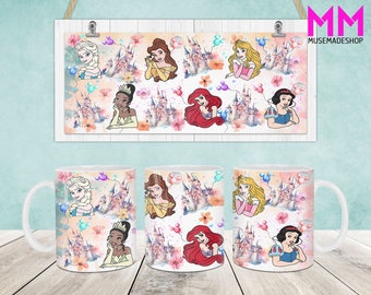 May include: White ceramic mug with a colorful design featuring Disney princesses, castles, and balloons. The princesses include Snow White, Cinderella, Ariel, Belle, Tiana, and Elsa.