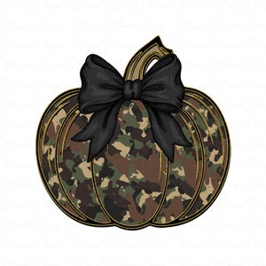 May include: A decorative pumpkin with a camouflage pattern in shades of brown, green, and tan. The pumpkin is outlined in gold and topped with a large black bow. The stem is also gold.
