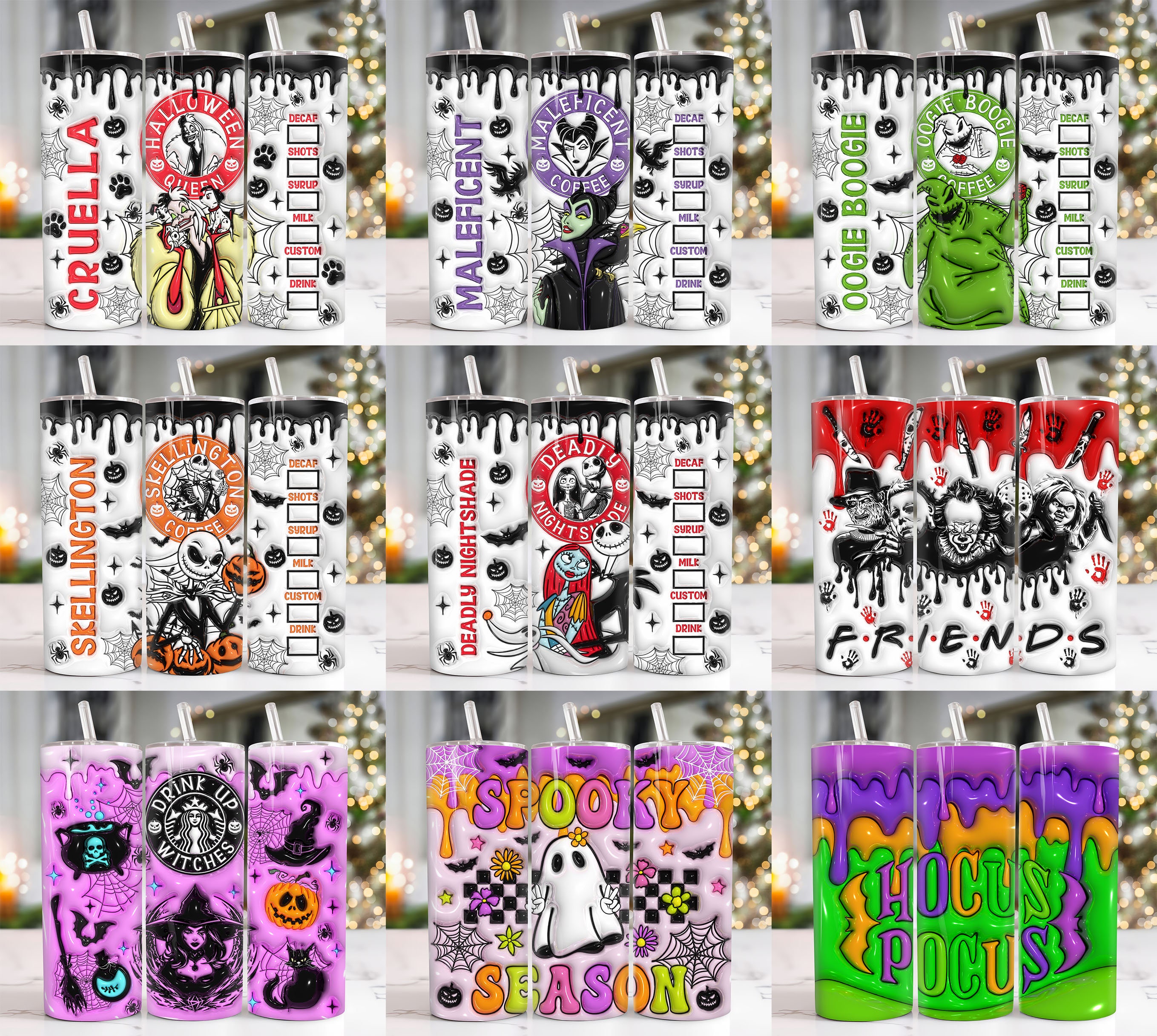 Pack 10 Horror Character 3D Inflated 20 oz Skinny Tumbler Png, 3D Halloween 20oz Tumbler Png, Halloween Straight and Taper Tumbler Wrap