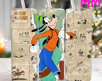 May include: A white tumbler with a green, orange, and blue cartoon character walking on a comic book background. The comic book panels feature Mickey Mouse and other characters. The text on the tumbler reads "Mickey Mouse".