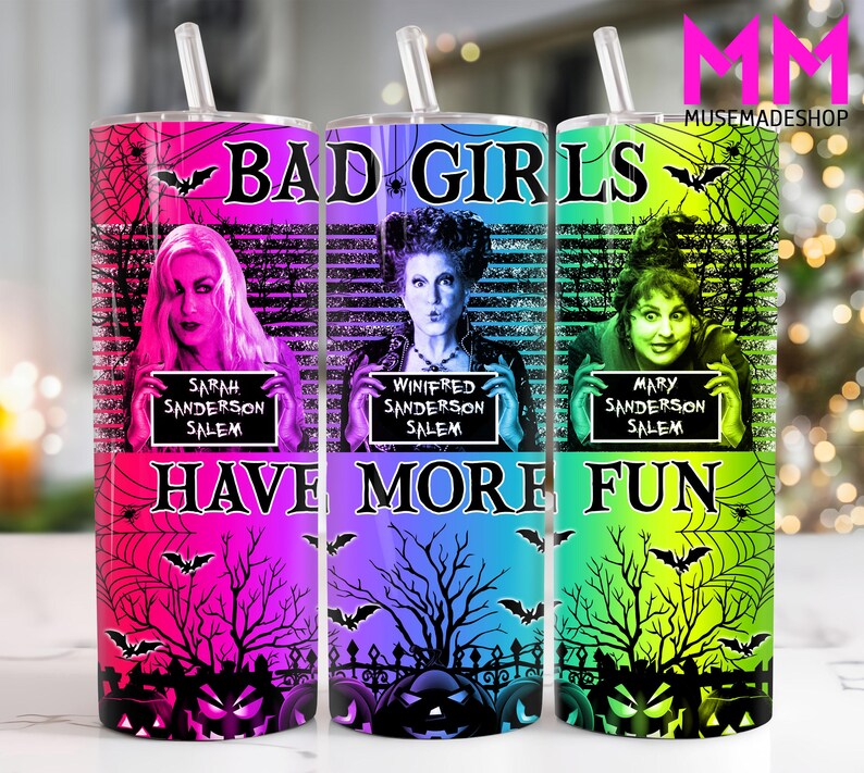Horror Characters 20 Oz Skinny Tumbler Png, Neon Halloween Witches 20oz ...